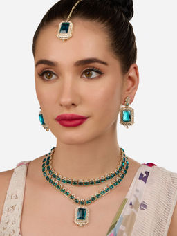 Zaveri Pearls - Green and White Stones Diamonds Layered Necklace Earring with Maangtikka (Set of 3)