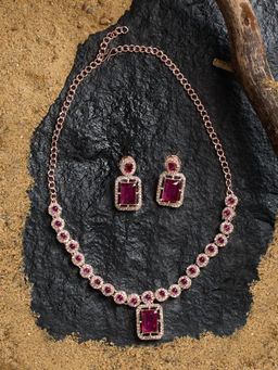 Zaveri Pearls - Pink and White Stones Austrian Diamonds Minimal Necklace with Earring (Set of 2)