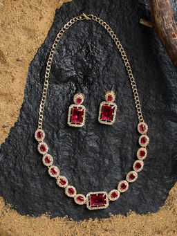 Zaveri Pearls - Pink and White Stones Austrian Diamonds Minimal Necklace with Earring (Set of 2)