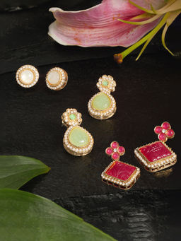 Zaveri Pearls - Rani Pink Green Stone Minimal Stud and Drop Earrings