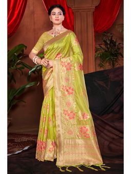 Sangam Prints - Parrot Green Silk Woven Zari Work Traditional Tassel Saree with Unstitched Blouse
