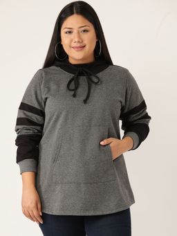 theRebelinme - Plus Size Womens Charcoal Grey & Black Solid Color Block Hoodie