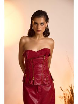 The Clothing Factory - Red Faux Leather Chain-Detail Corset Top