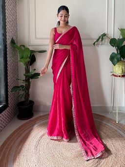 Akhilam - Womens Satin Silk Pink Embellished Saree with Unstitched Blouse