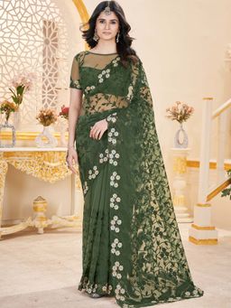Akhilam - Womens Net Green Chikankari Saree with Unstitched Blouse