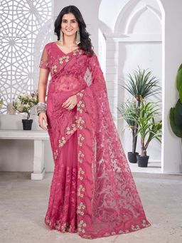 Akhilam - Womens Net Pink Chikankari Saree with Unstitched Blouse