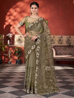 Akhilam - Womens Net Olive Chikankari Saree with Unstitched Blouse