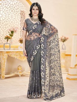 Akhilam - Womens Net Charcoal Grey Chikankari Saree with Unstitched Blouse