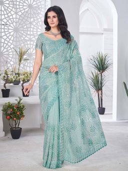 Akhilam - Womens Net Light Blue Embellished Saree with Unstitched Blouse