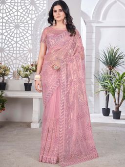 Akhilam - Womens Net Mauve Embellished Saree with Unstitched Blouse