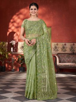 Akhilam - Womens Net Light Green Embellished Saree with Unstitched Blouse