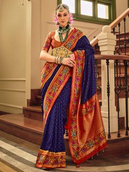 Akhilam - Womens Silk Blend Navy Blue Woven Design Saree with Unstitched Blouse