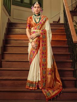 Akhilam - Womens Silk Blend Off White Woven Design Saree with Unstitched Blouse