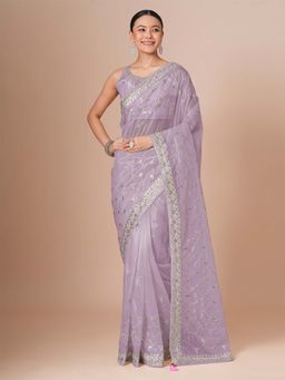 Akhilam - Womens Net Lavender Embellished Saree with Unstitched Blouse