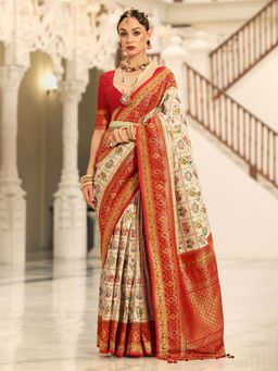 Akhilam - Womens Silk Blend Cream Woven Design Saree with Unstitched Blouse