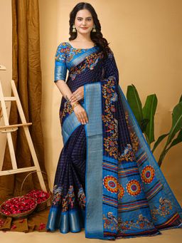 Akhilam - Womens Cotton Blend Light Blue Printed Saree with Unstitched Blouse