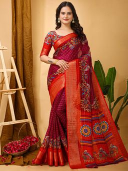 Akhilam - Womens Cotton Blend Red Printed Saree with Unstitched Blouse