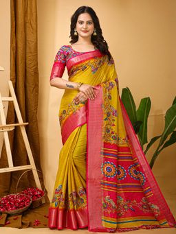 Akhilam - Womens Cotton Blend Yellow Printed Saree with Unstitched Blouse