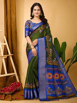 Akhilam - Womens Cotton Blend Olive Printed Saree with Unstitched Blouse