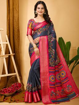 Akhilam - Womens Cotton Blend Grey Printed Saree with Unstitched Blouse