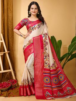 Akhilam - Womens Cotton Blend Cream Printed Saree with Unstitched Blouse