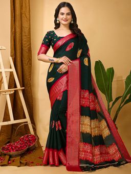 Akhilam - Womens Dola Silk Green Printed Saree with Unstitched Blouse