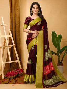 Akhilam - Womens Dola Silk Dark Brown Printed Saree with Unstitched Blouse