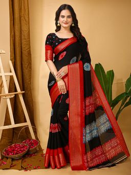 Akhilam - Womens Dola Silk Black Printed Saree with Unstitched Blouse