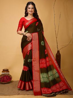 Akhilam - Womens Dola Silk Olive Printed Saree with Unstitched Blouse
