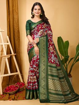 Akhilam - Womens Dola Silk Maroon Printed Saree with Unstitched Blouse