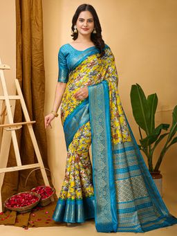 Akhilam - Womens Dola Silk Yellow Printed Saree with Unstitched Blouse