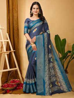 Akhilam - Womens Dola Silk Grey Printed Saree with Unstitched Blouse