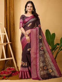 Akhilam - Womens Dola Silk Burgundy Printed Saree with Unstitched Blouse