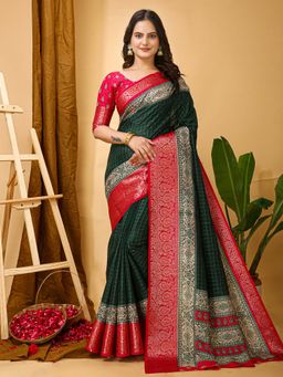 Akhilam - Womens Cotton Silk Green Printed Saree with Unstitched Blouse
