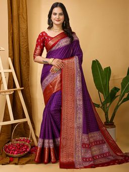 Akhilam - Womens Cotton Silk Purple Printed Saree with Unstitched Blouse