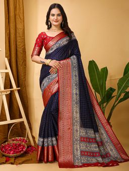 Akhilam - Womens Cotton Silk Navy Blue Printed Saree with Unstitched Blouse