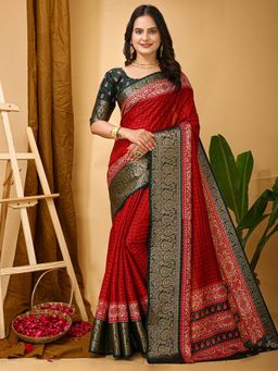 Akhilam - Womens Cotton Silk Red Printed Saree with Unstitched Blouse