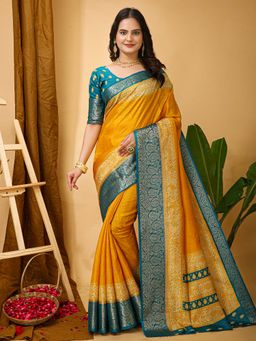 Akhilam - Womens Cotton Silk Light Blue Printed Saree with Unstitched Blouse