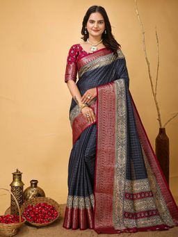 Akhilam - Womens Cotton Silk Grey Printed Saree with Unstitched Blouse