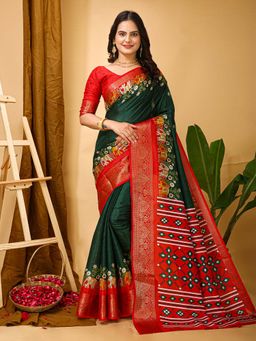 Akhilam - Womens Silk Blend Green Printed Saree with Unstitched Blouse