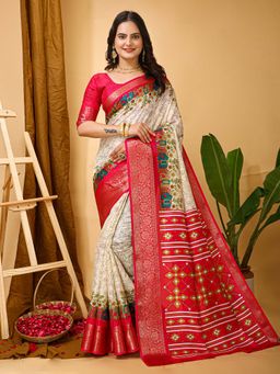 Akhilam - Womens Silk Blend Cream Printed Saree with Unstitched Blouse
