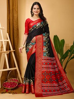 Akhilam - Womens Silk Blend Black Printed Saree with Unstitched Blouse