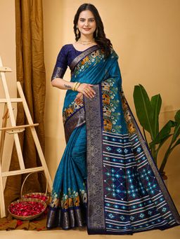 Akhilam - Womens Silk Blend Blue Printed Saree with Unstitched Blouse