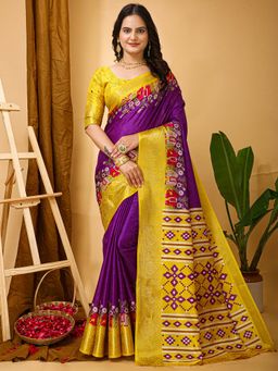 Akhilam - Womens Silk Blend Purple Printed Saree with Unstitched Blouse