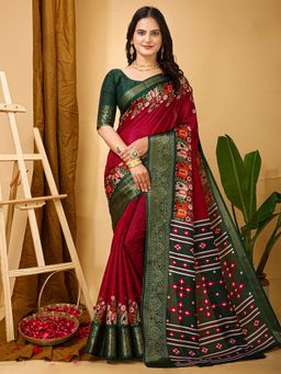 Akhilam - Womens Silk Blend Maroon Printed Saree with Unstitched Blouse