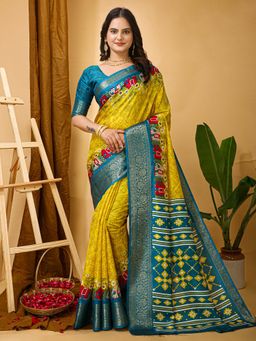 Akhilam - Womens Silk Blend Yellow Printed Saree with Unstitched Blouse