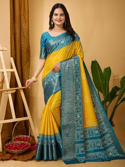 Akhilam - Womens Dola Silk Light Blue Printed Saree with Unstitched Blouse