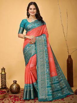 Akhilam - Womens Dola Silk Peach Printed Saree with Unstitched Blouse