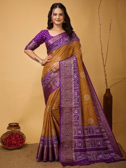 Akhilam - Womens Dola Silk Mustard Printed Saree with Unstitched Blouse