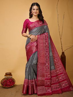 Akhilam - Womens Dola Silk Grey Printed Saree with Unstitched Blouse